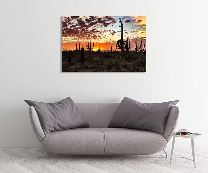 Sunset Saguaro Cactus Wall Art for Living Room Bedroom Bathroom Home Decorations Arizona Cactus Picture Poster Cactus Framed Artwork Canvas Prints Ready to Hang(28''H x 44''W)