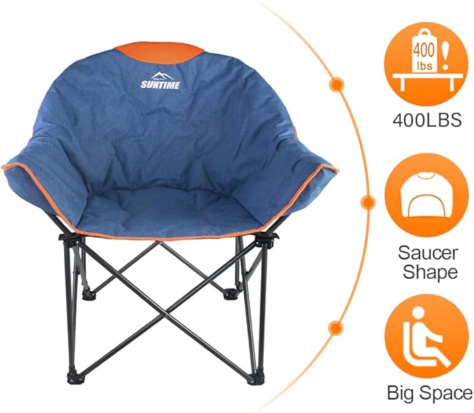 OUTDOOR LIVING SUNTIME Oversized Padded Camping Chair,Portable Comfy Outdoor Folding Moon Round Saucer Chairs for Adults with Holder and Carry Bag, Perfect for Hiking Lawn Patio Sports(Denim 2 Pack)