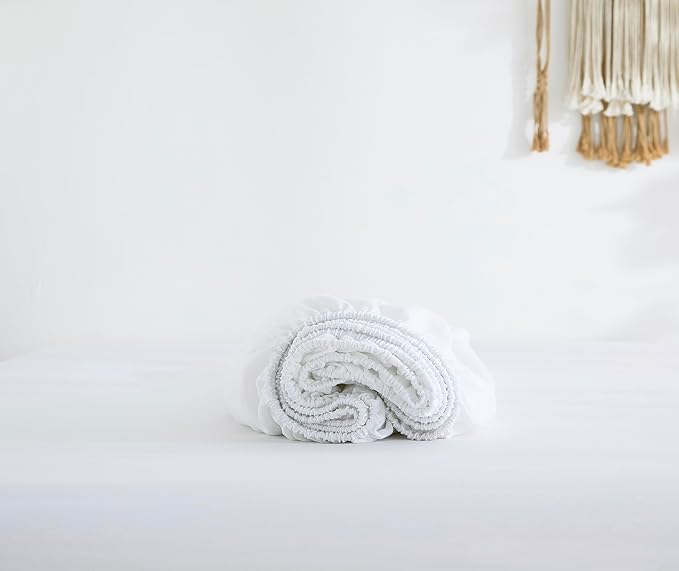 100% Linen Fitted Sheet Twin(1 Piece), 15 Inch Deep Pocket Mattress Cover French Flax Stone Washed Farmhouse Soft Breathable Bottom Sheets(White, Twin)