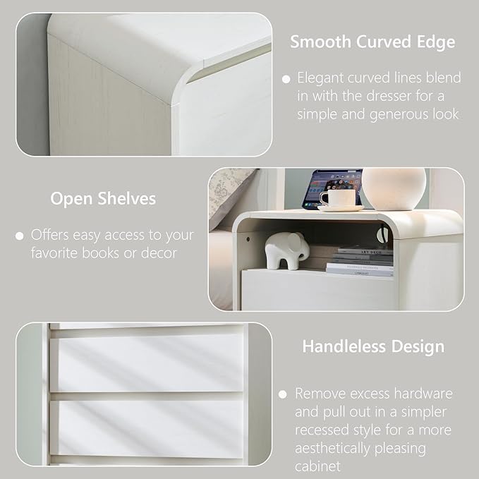 25" Tall Modern Nightstand with Charging Station, 23.6'' Wide Wood Bedside Table w/2 Storage Drawers, Large Mid Century End Table for Bedroom, Living Room, Curved Profile Design, White