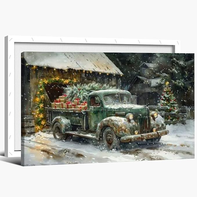 Medpol Vintage christmas truck wall art festive holiday decor canvas poster winter christmas gift snowy barn and tree for countryside cottage decor Framed36x24inch