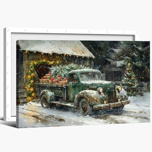 Medpol Vintage christmas truck wall art festive holiday decor canvas poster winter christmas gift snowy barn and tree for countryside cottage decor Framed36x24inch