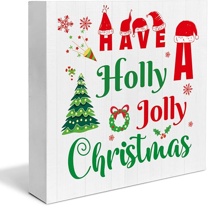 Indoor Christmas Decorations, Have a Holly Jolly Christmas Wooden Sign Decor, Farmhouse Christmas Wooden Block Sign, Christmas Home Decor for Table Shelf 5 x 5 Inch