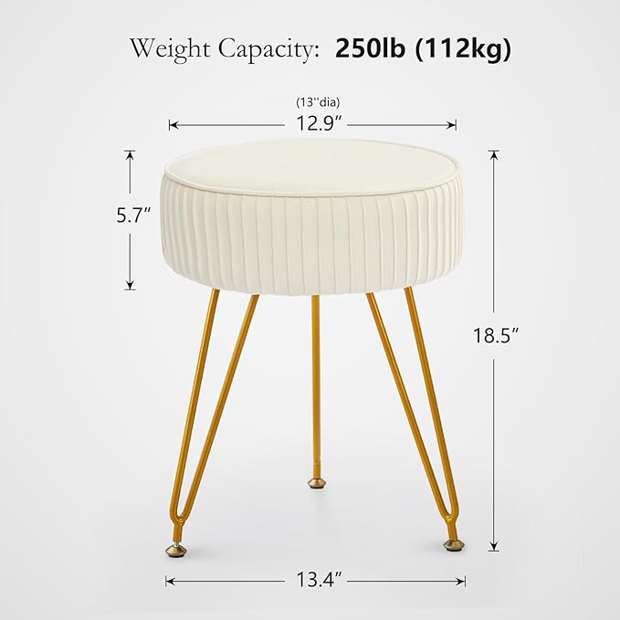 Velvet Vanity Stool Chair, Round Makeup Vanity Chair with Adjustable Metal Legs & Soft Padded Seat, Ottoman Foot Stool for Bedroom, Living Room, Entryway