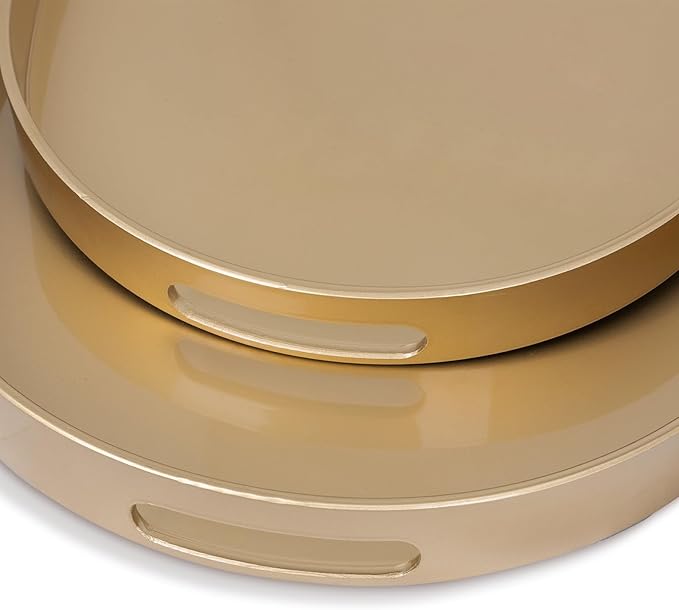 MAONAME Gold Serving Trays with Handles, Oval Decorative Trays for Coffee Table, Nesting Trays Set of 2, Plastic Vanity Trays for Ottoman, Living Room