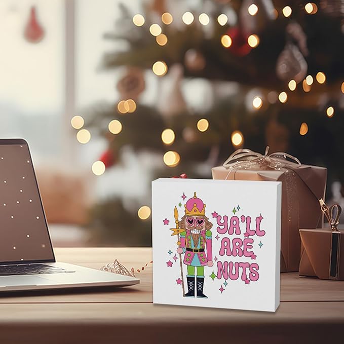 Pink Christmas Vacation Movie Decor Sign - Merry Xmas Decorations, Y'all Are Nuts - 5 x 5 Inch