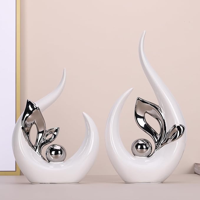 13" H White Silver Abstract Sculptures Home Decor, Ceramic Art Statue Cool Stuff to Put on Shelves&tv Stand Decor, Silver Accent Entertainment Center, for Fireplace Coffee Table Dining Table Decorate