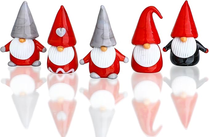 H&D HYALINE & DORA 5Pcs Glass Christmas Gnomes Figurines,Handmade Christmas Gnomes Decorations,Mini Glass Santa Figurines for Home Table Top Decor