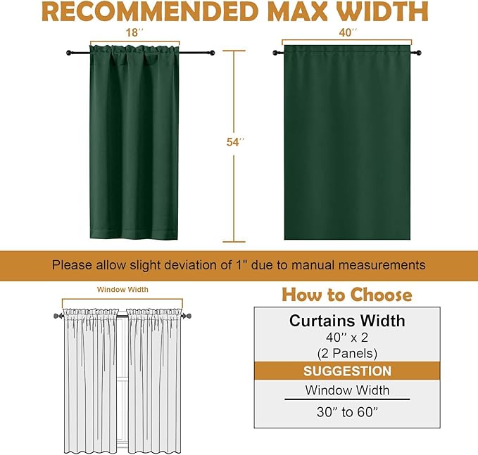 Aiyufeng Ever Green Short Blackout Curtains for Bedroom 54 Inches Long 2 Panels Set, Solid Thermal Insulated, Energy Saving Window Treatment Curtains Blackout Drapes, W40 x L54 Inch, Ever Green
