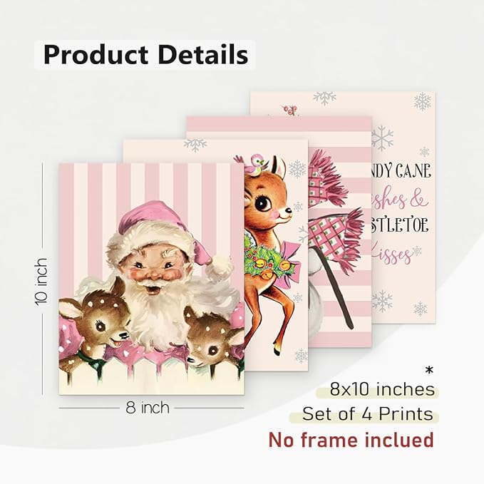 PLKMN Pink Christmas Wall Art Prints Set of 4, Vintage Santa Claus Snowman Wall Art Decor, Merry Christmas Decor for Gallery, Living Room, Bathroom, 8x10 (Unframed)