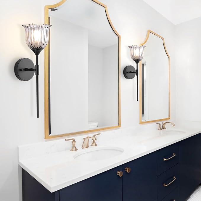 Vintage Wall Sconce Set of 2 with Smoke Gray Glass Shades Mid Century Bathroom Vanity Wall Light Fixtures Industrial Matte Black Wall Lamp for Bedroom Mirror Living Room Restaurant