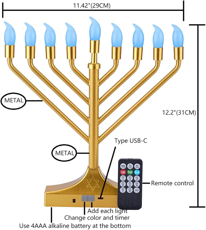 Electric Hanukkah Menorah,RGB Led Menorahs for Chanukah Decoration,Color Changing with Remote Control & Push-Button to Choose The Day and Timer Options Battery/USB Powered,Gold