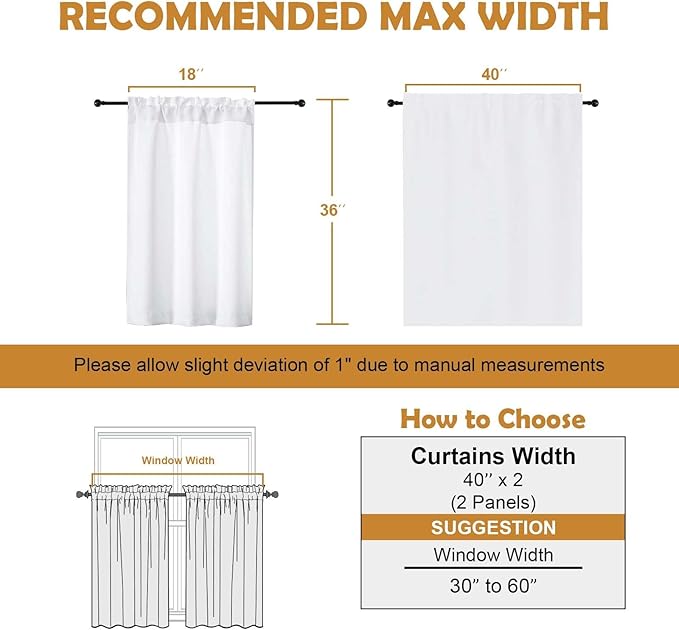 Aiyufeng Pure White Curtains 36 Inches Long 2 Panels, Room Darkening Half Window Rod Pocket Privacy Short Curtains, Thermal Insulated Curtain Tiers for Kitchen Bathroom Shades, W40 x L36 Inch