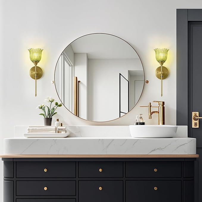 Modern Wall Sconces with Green Flower Glass Shade 1 Pack, Mid Century Bathroom Vanity Wall Light Fixtures Gold Vintage Wall Lights with Switch for Mirror Bedroom Living Room