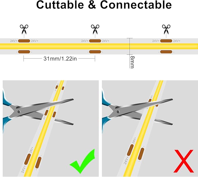 COB LED Strip 32.8ft,Dimmable Strip Lights, 6000K Daylight Super Bright LED Strip Lights, DC24V CRI90+,LED Tape Light with UL-Listed Power Supply, Indoor for Closet,Bedroom,Kitchen