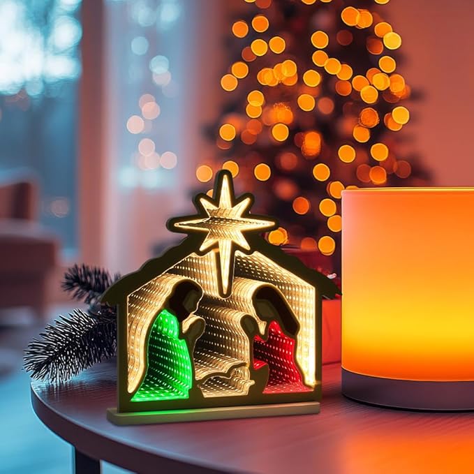MEETYAMOR Nativity Sets for Christmas Indoor, Nativity Scene Infinity Mirror Tunnel Light, Nativity Scene with Manger for Home Living Room Mantel Table Centerpiece Christmas Decorations