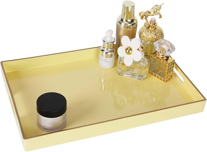 Zosenley Decorative Tray, Rectangular Plastic Tray with Handles, Modern Vanity Tray and Serving Tray for Bathroom, Kitchen, Ottoman and Coffee Table, 15.6" x 10.2"(Light Yellow)