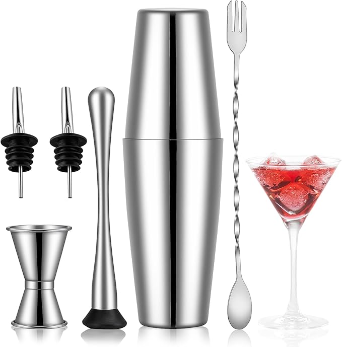 6 Piece 24oz Professional Cocktail Shaker Set with Built-in Strainer,Martini and Margarita Shaker for Home Bar, Boston Bartending Kit Gift for Beginners (700ml/24oz)