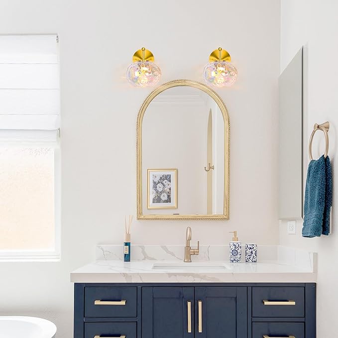 Brushed Gold Vanity Light Set of 2 Stained Hammered Glass Wall Sconce 1-Light Brass Wall Lamp for Hallway Living Room Stairwell Bathroom Over Mirror (Brass Gold, 1-Light)