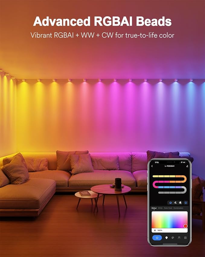 Smart String Downlights with 15 RGBAI+WW+CW LEDs Across 10ft, Feature 46° Dynamic Wave-Like Lighting, App/Voice/Remote Control—Wall String Lights for Bedroom, Indoor Eaves & Wall Decor
