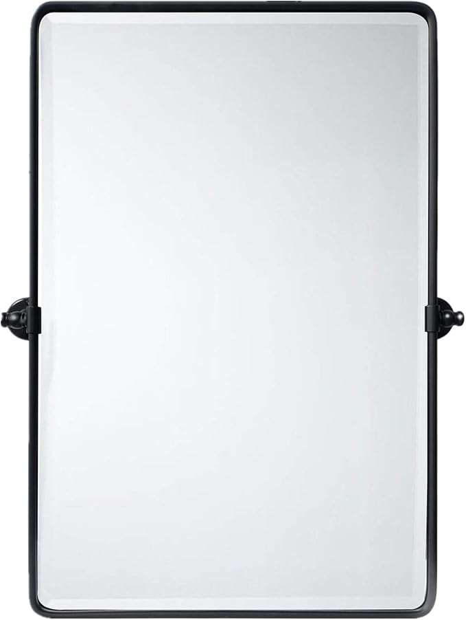 TEHOME Matt Black Pivot Rectangle Bathroom Vanity Mirrror Farmhouse Tiltable Rounded Metal Framed Pivoting Bathroom Mirror with Beveled Mirrror, Overall 27 x 35 inches (Mirrror 23 x 35 inches)