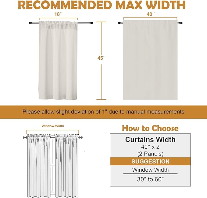 Aiyufeng Natural Short Room Darkening Curtains for Bedroom 45 Inches Long 2 Panels Set, Solid Thermal Insulated, Energy Saving Window Treatment Curtains Blackout Drapes, W40 x L45 Inch, Natural