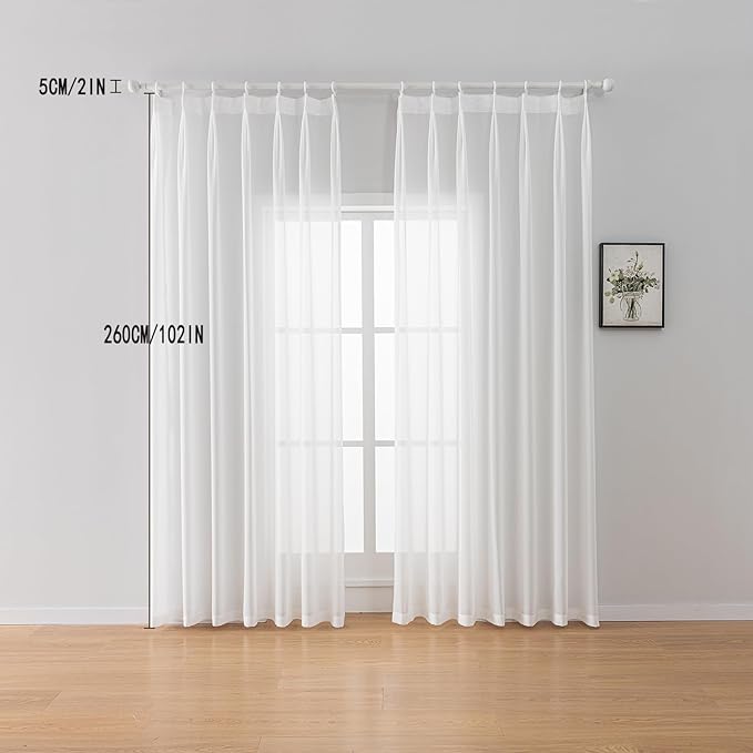 Off White Sheer Curtains Pinch Pleat Curtains 102 Inches Long 1 Panel Elegant Light Filtering Pinch Pleated Drapes White Curtain for Living Room Sliding Glass Door, W60 x L102