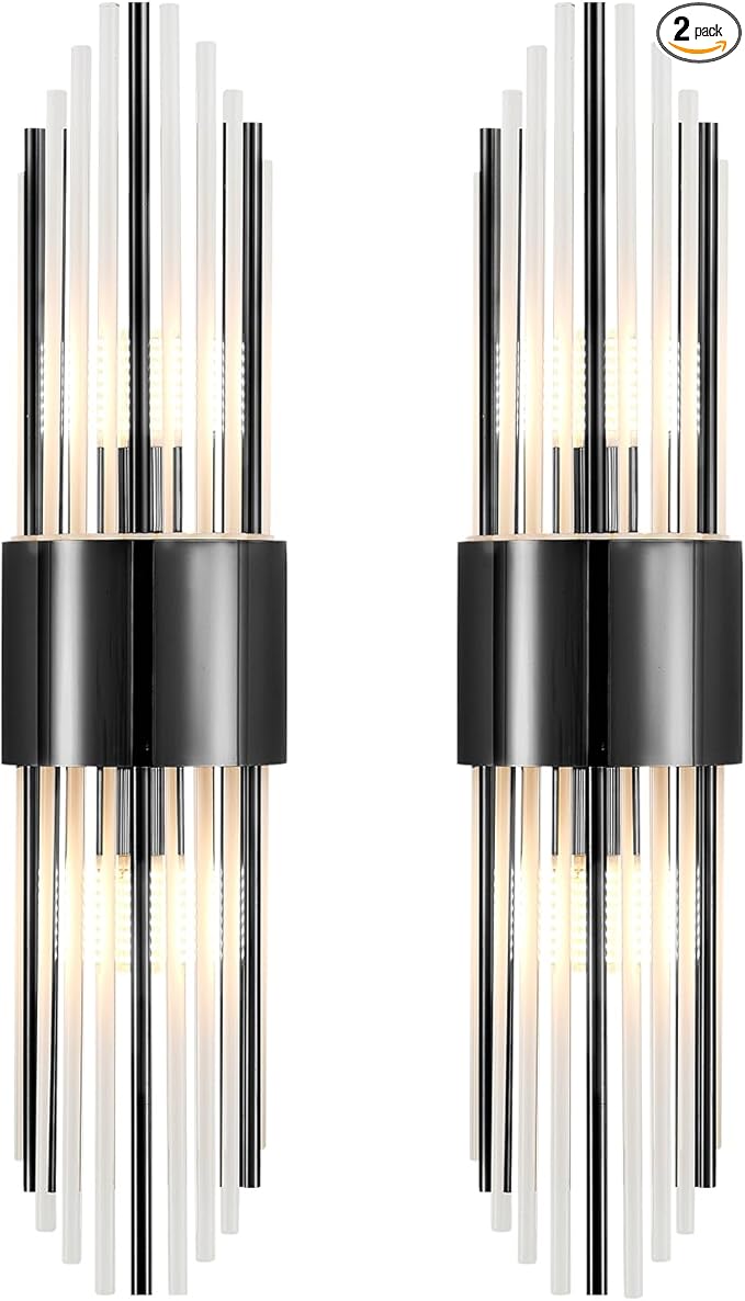 Wall sconces Set of Two, Black sconces Wall Set of 2, Black Vanity Wall Lights, Wall Lights for Living Room, Dresser Wall Sconce, with Clear Crystal, for Living Room, Bedroom, Bathroom