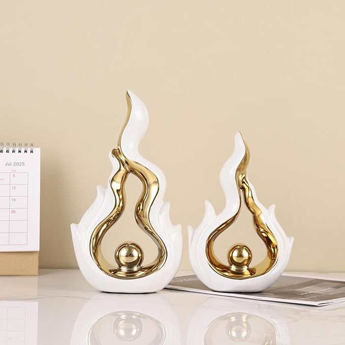 2 Pcs White and Gold Ceramic Sculptures for Home Decor, Modern Abstract Art Statues, Centerpieces for Dining Room Table, Living Room, Shelf, Mantel, Coffee Table, Entryway Accent Decorations