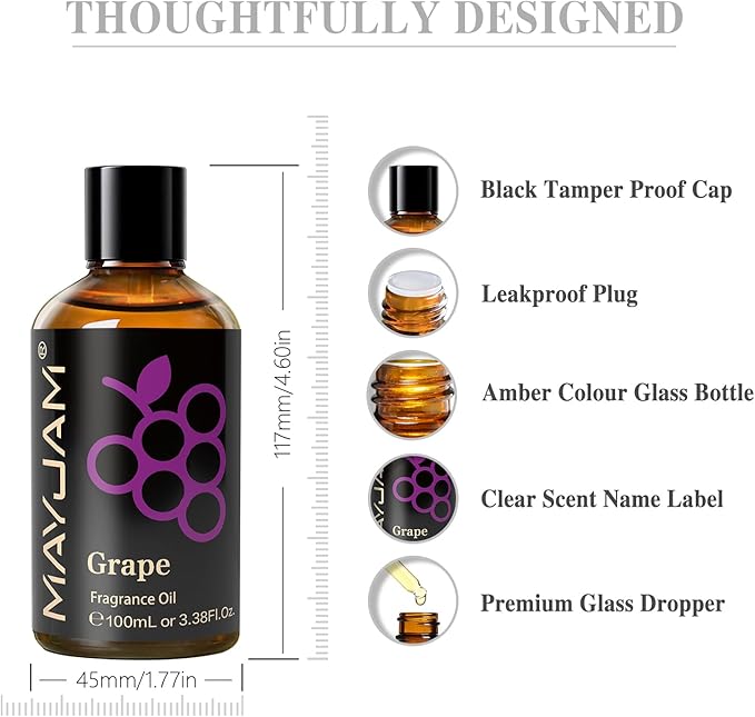 MAYJAM 100ML/3.38FL.OZ Grape Fragrance Oils with Glass Dropper, Essential Oils for Diffusers for Home, Long Lasting Scented Oils for Diffusers Soap Candle Making