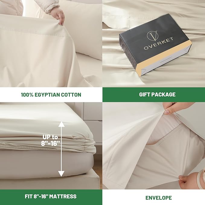 Egyptian Cotton Sheets Full Size 4PCS 1000 Thread Count Sateen Weave Soft Breathable 16-Inch Deep Pocket (Full,Linen)