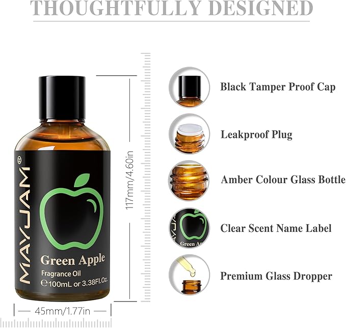 MAYJAM 3.38FL.OZ Green Apple Fragrance Oils with Glass Dropper, 100ML Essential Oils for Diffusers for Home, Long Lasting Scented Oils for Diffusers Soap Candle Making