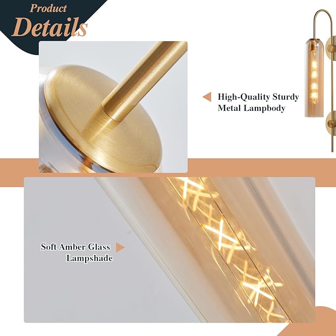 BOKT Modern 1-Light Amber Glass Wall Sconce Plug in Mid Century Brass Gold Wall Sconce Lighting Plug in Cord Industrial Vintage Indoor Long Bathroom Bar Wall Lamp (Amber)