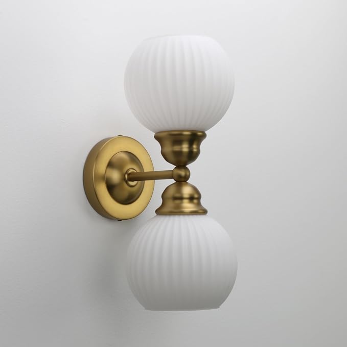 Pathson 2-Light Milk White Wall Sconces Striped Glass, Modern Bathroom Sconces Wall Vanity Light Fixtures Brass Finish, Vintage Wall Sconce Lamp for Mirror Living Room Bedroom Farmhouse Lighting