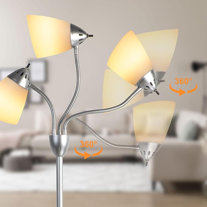 DINGLILIGHTING Floor Lamp Tall for Bedroom: Silver Standing Lamp Reading for Living Room Home Study Room Office - Modern Led Floor Light 3-Light Adjustable Flexible Gooseneck Metal Multi Head
