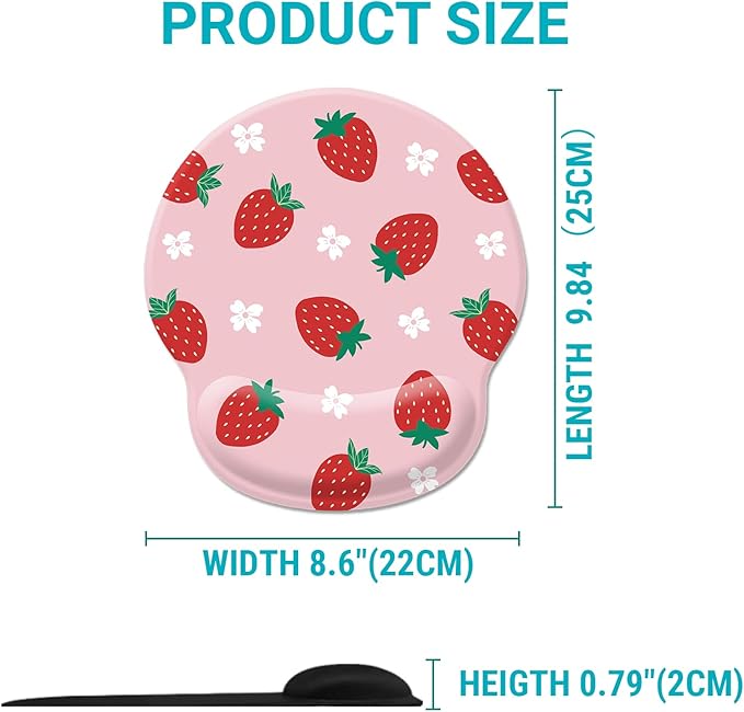 Pink Mouse Pad with Wrist Rest, Cute Strawberry Ergonomic Gel Mousepad Wrist Support, Computer Gaming Mouse Pad with Pain Relief Non-Slip PU Base for Desk Accessories Office Decor Supplies