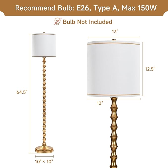 64.5" Gold Floor Lamp for Living Room, Gold Bamboo Floor Lamps for Bedroom, Tall Skinny Lamp for Home Decor, Mid Century Antique Floor Lamps with White Lampshade