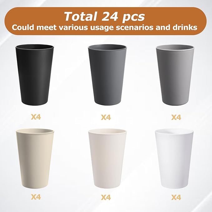 24 Pcs Unbreakable Plastic Cups Set, 14 oz Reusable Plastic Cups, Stackable Water Tumblers, Drinking Cup for Kitchen, Outdoor, BPA-free, Dishwasher Refrigerator and Microwave Safe (14 oz, 6 Colors)
