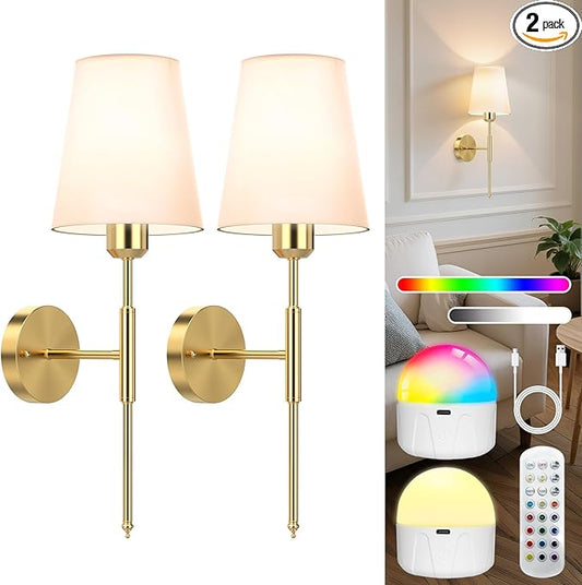 20 inch Battery Operated Wall Sconces Set of 2, Wireless Wall Lights with Rechargeable Bulbs & Remote, 15 Colors & Dimmable, Battery Powered Wall Lights for Bedroom, Living Room, Hallway, Gold