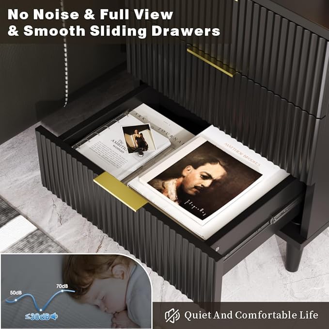 Fluted Night Stand Set of 2 with USB Charging Station, 3-Drawer Dresser Black Wood Moden Night Stand Bedside Table with Quiet Drawers & Large Storage End Table for Bedroom