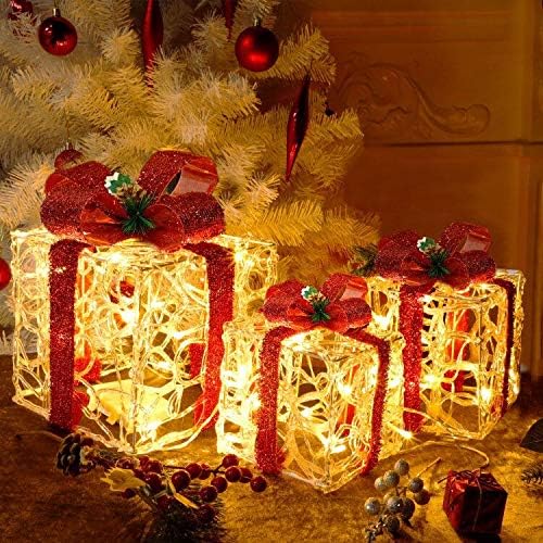 ATDAWN Set of 3 Lighted Gift Boxes Christmas Decorations, Clear Acrylic Present Boxes, Christmas Home Gift Box Decorations