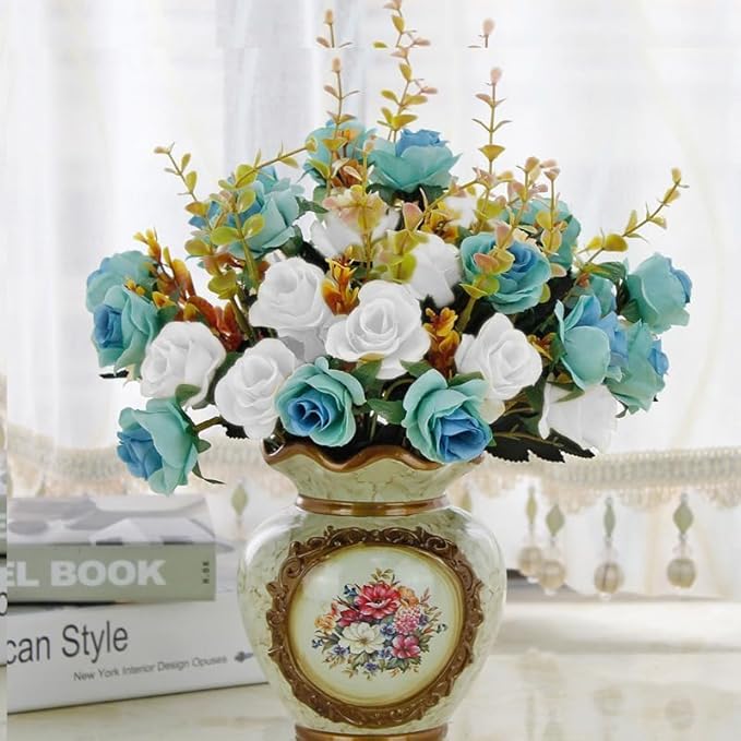 4 Bunches of Artificial Roses. 48 Small Roses. Plastic Silk Flower .Suitable for Plant Decoration of Family Hotel Wedding Christmas.(Peacock Blue)