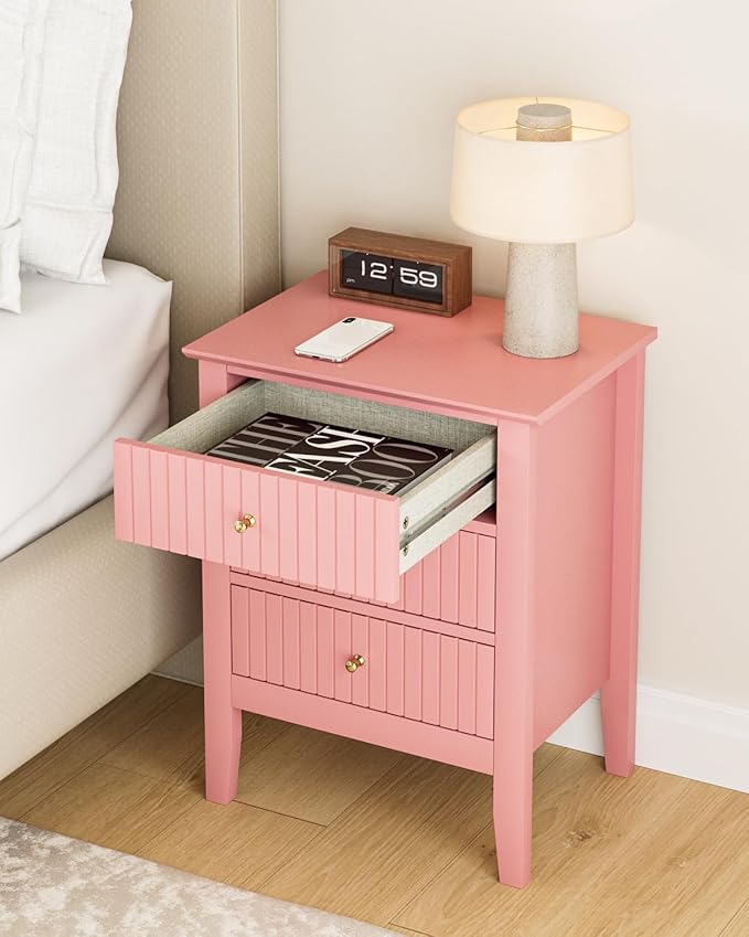 Fluted Nightstand, Farmhouse Night Stand with 3 Drawers, Mid Century Modern Side Accent Table,Bedside End Table for Bedroom, Living Room, Pink