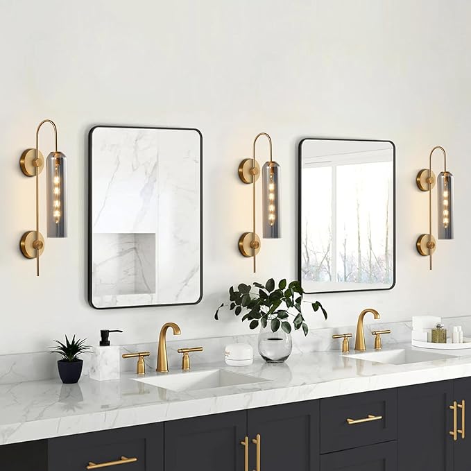 BOKT Brushed Brass Gold Wall Mounted Sconce Mid Century Modern Smoke Gray Glass Wall Sconce Light Single Bathroom Bedroom Wall Lighting Fixtures for Living Room Hallway Kitchen Mirror (Smoke Gray)