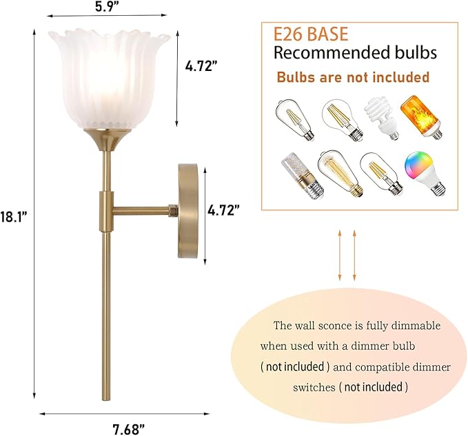 Gold Wall Sconce Set of 2 with Frosted Glass Shades Modern Mid Century Bathroom Vanity Wall Light Fixtures Industrial Brushed Brass Wall Lamp for Bedroom Mirror Living Room Restaurant