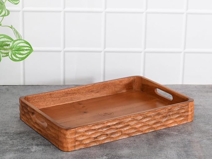 Vesta Homes Acacia Wood Serving Tray for Home/Kitchen/Restaurant/Office Organizer/Dining Table | Premium Serving Trays | 38 x 25 x 5 cm | Handcrafted in India
