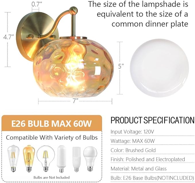 Gold Wall Sconce Light Amber Hammered Glass Vanity Lighting Brushed Brass Champagne Wall Lamp for Bathroom Over Mirror