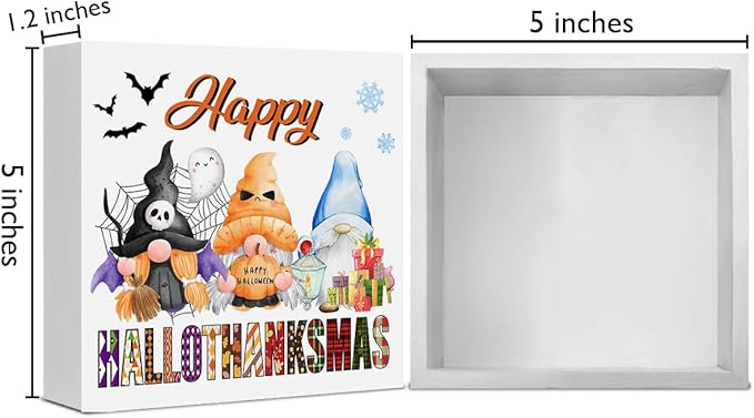 Halloween Thanksgiving Christmas Decor Happy Hallothanksmas Gnomes Wooden Box Sign for Home Bedroom Shelf Desk