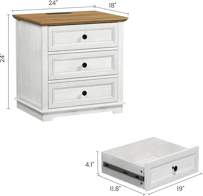 Nightstand with Charging Station, 24” Wide End Table with 3 Drawers, Modern Bedside Table with Storage, Wood Small Dresser for Bedroom Living Room. (White)