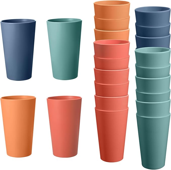 24 Pcs Unbreakable Plastic Cups Set, 20 oz Reusable Plastic Cups, Stackable Water Tumblers, Drinking Cup for Kitchen, Outdoor, BPA-free, Dishwasher Refrigerator and Microwave Safe (20 oz, 4 Colors)